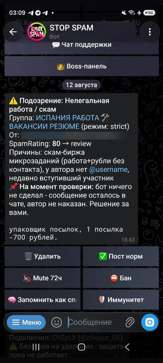 Карточка подозрительного сообщения STOP SPAM с причинами и кнопками решения администратора