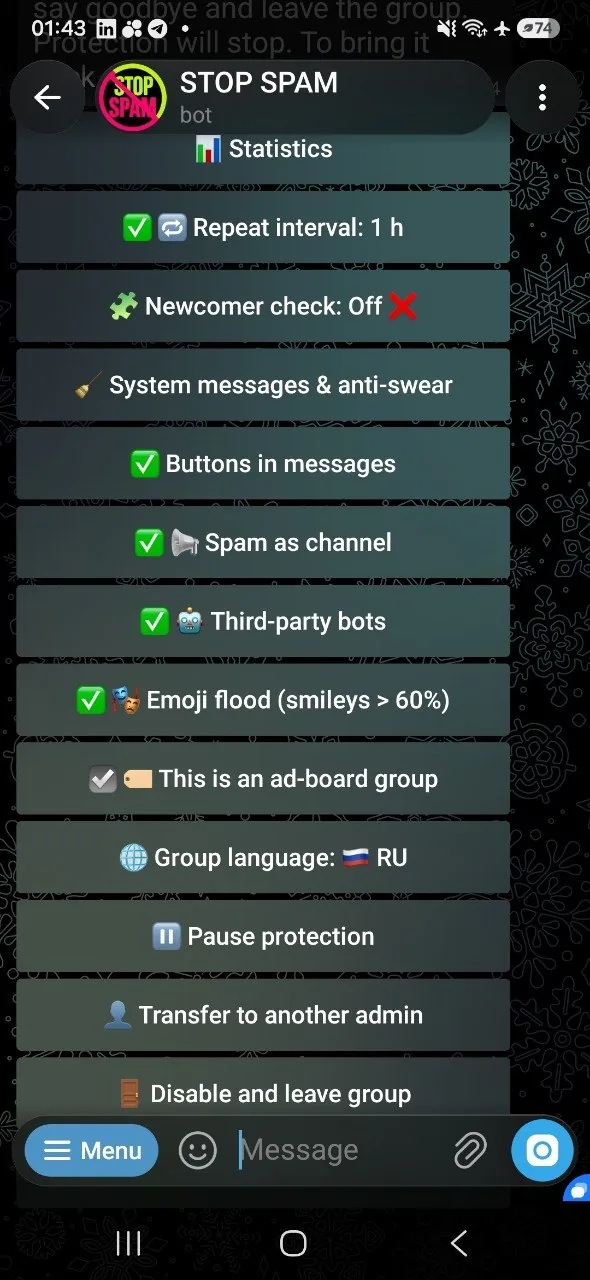 English STOP SPAM extra settings showing Repeat interval set to one hour