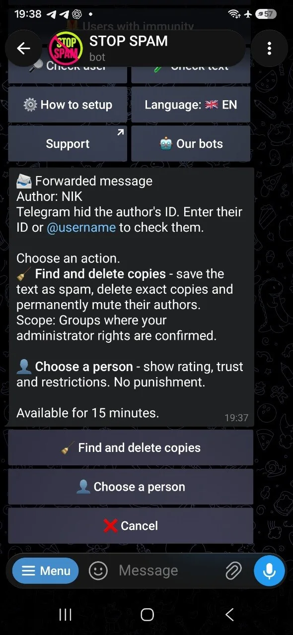 English STOP SPAM choice card with separate Check user and Find and delete exact copies actions