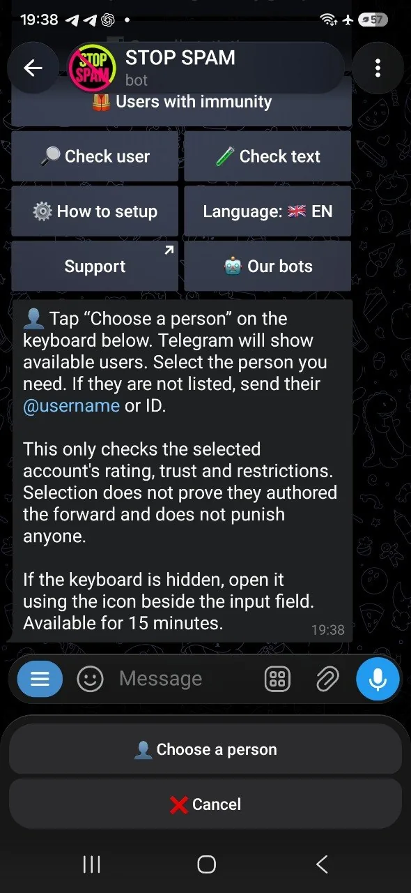 English Telegram Select a user button when the forwarded author's identity is hidden