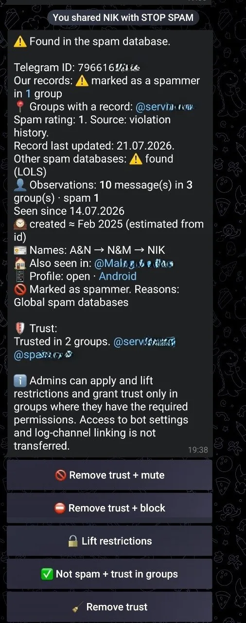 English STOP SPAM user-check result showing separate spam rating and trust in groups