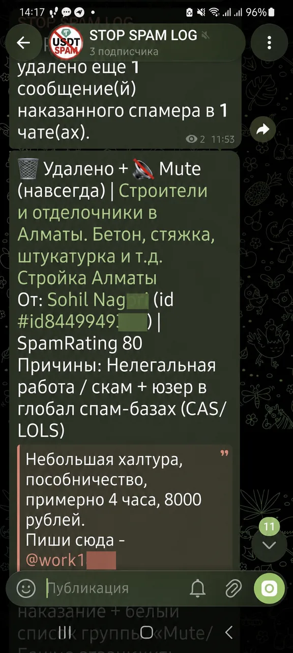 Обезличенная карточка лог-канала STOP SPAM с автоматическим мутом, причиной и SpamRating