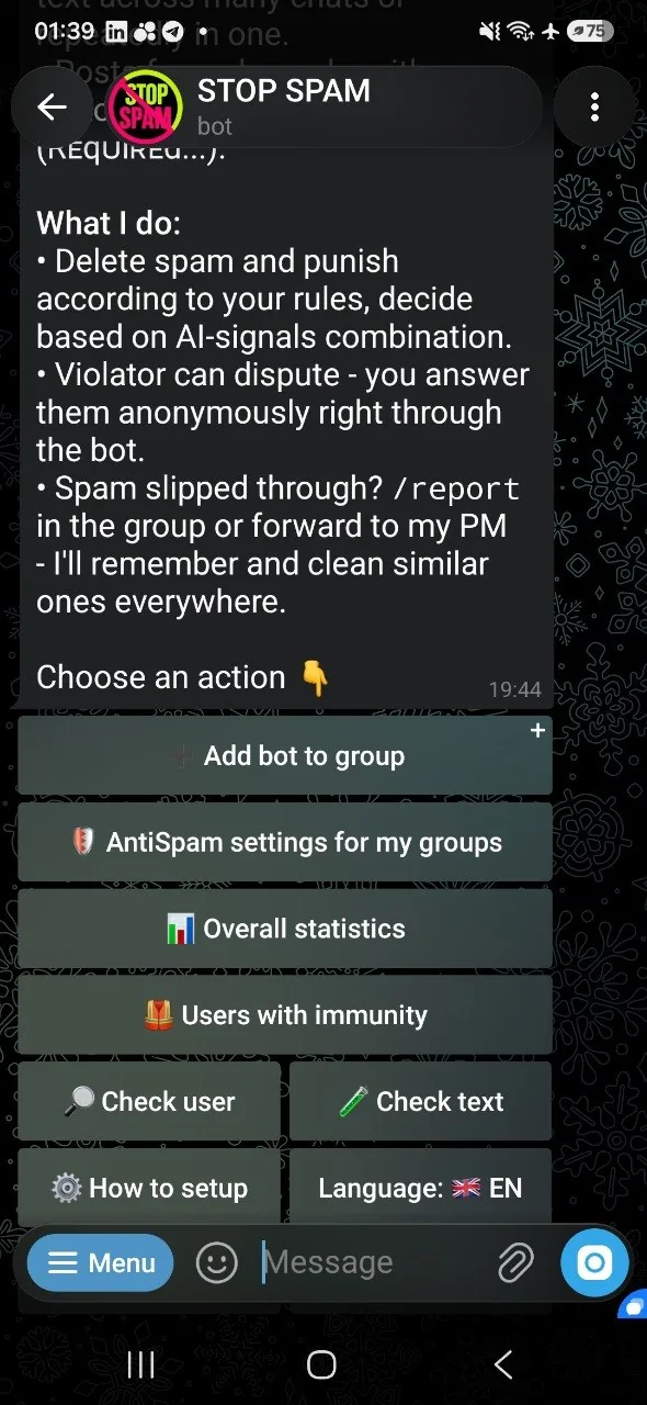 English STOP SPAM main menu with the How to setup button
