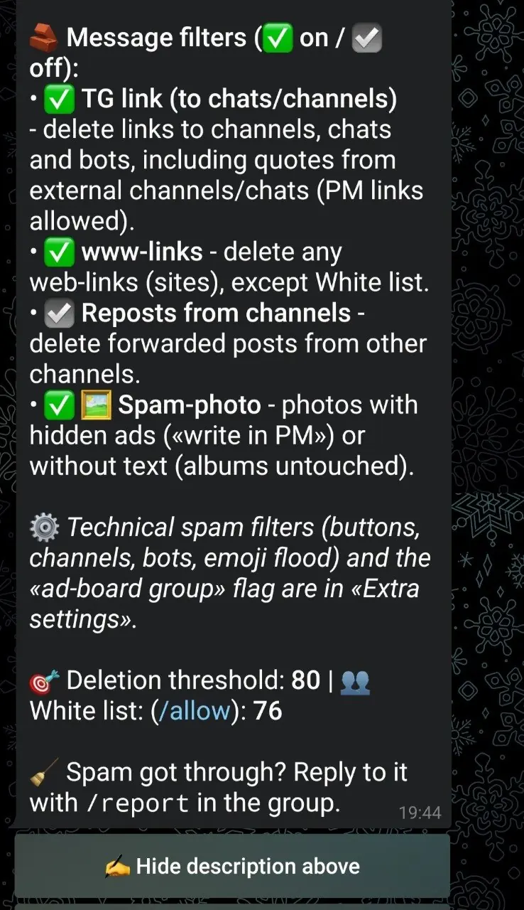 English STOP SPAM description of TG link and Reposts from channels settings