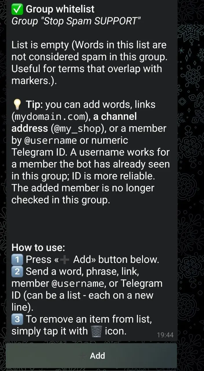 English STOP SPAM group allowlist accepting words, links, domains, usernames and Telegram IDs